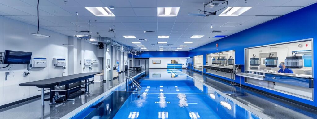 a modern, well-lit pool service facility showcases certified technicians engaging with advanced diagnostic tools and equipment while discussing maintenance plans with clients at sleek, organized workstations.