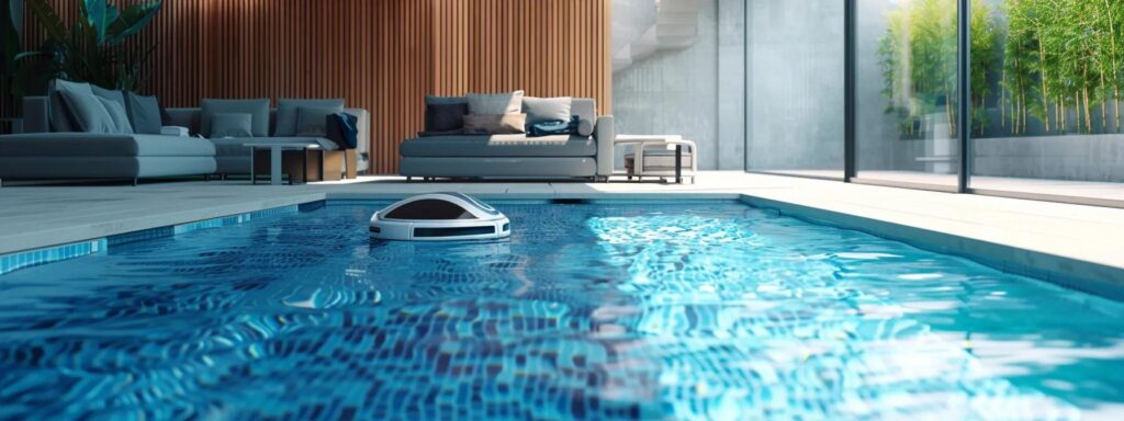 a pristine, modern swimming pool in a sleek backyard setting, showcasing advanced robotic vacuum cleaners working effortlessly on the water's surface, while a skilled technician inspects the pool's clarity and chemical balance amidst vibrant blue tiles.