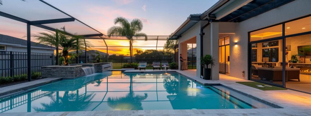 a pristine pool in a modern backyard in cutler bay gleams under bright artificial lighting, showcasing clear, inviting water while nearby, a technician checks equipment, emphasizing the importance of regular maintenance for safety and efficiency.
