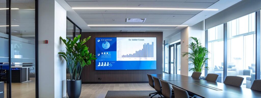 a sleek and modern office setting displays a large screen showcasing a vibrant infographic comparing pool maintenance packages, with professionals engaged in a discussion about affordable services in cutler bay.