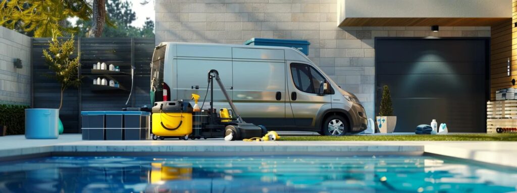 a sleek, modern pool service van parked beside a pristine, crystal-blue swimming pool, showcasing a robotic pool cleaner in action, surrounded by various manual cleaning tools and eco-friendly products arranged neatly on a stylish outdoor patio.