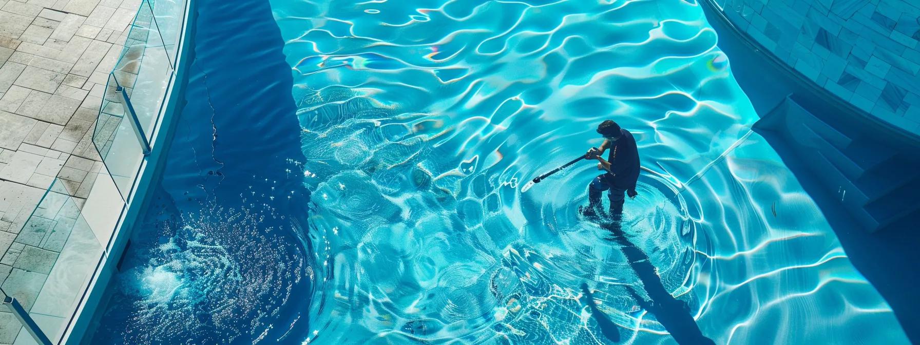 a vibrant view of a professional pool service technician meticulously inspecting and cleaning a sparkling blue swimming pool in a sleek modern backyard setting in cutler bay, florida, under bright afternoon sunlight.